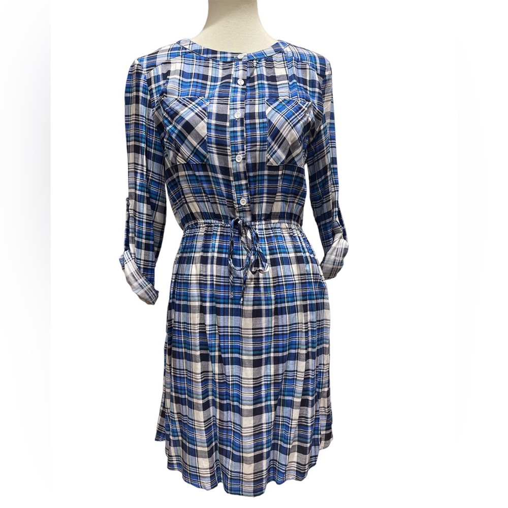 She + Sky Blue Plaid Dress Elastic Waist Size M